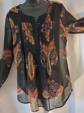 Sheer Black Partial Button Blouse / Tunic with colors of red / yellow /cream  /